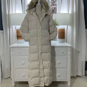 L.L. Bean Goose down beige full length hooded coat.